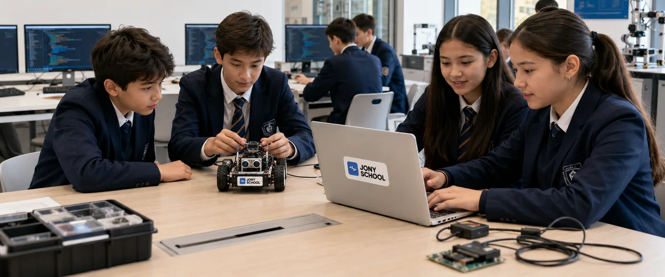 Robototexnika xonasida robot yig'ayotgan o'quvchilar